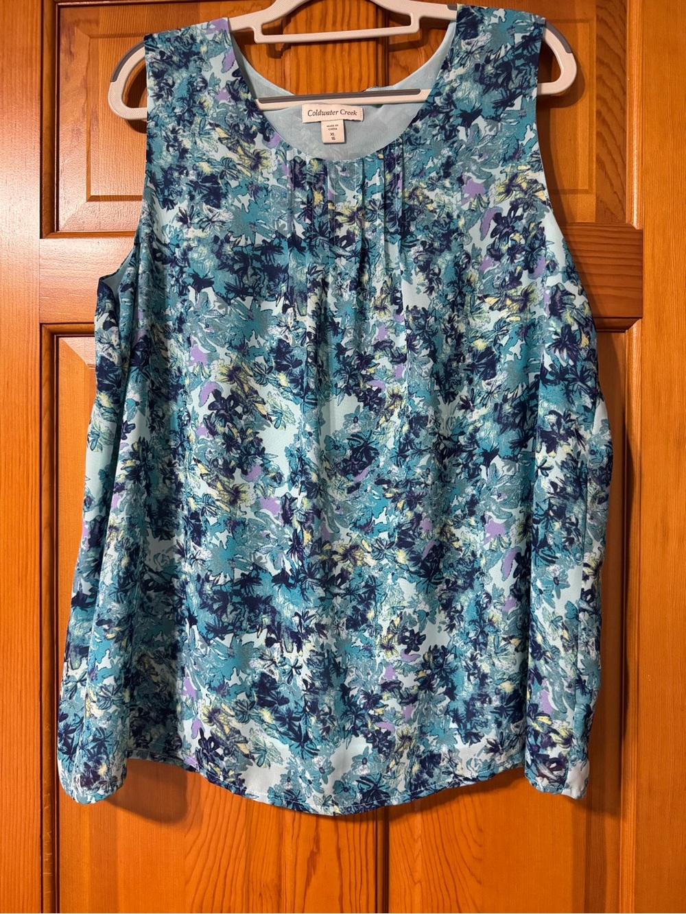 Coldwater Creek Teal and Navy Floral Sleeveless Blouse Size XL